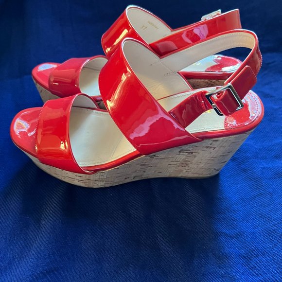 Prada Women's Red Patent Leather Cork Wedge Sandals